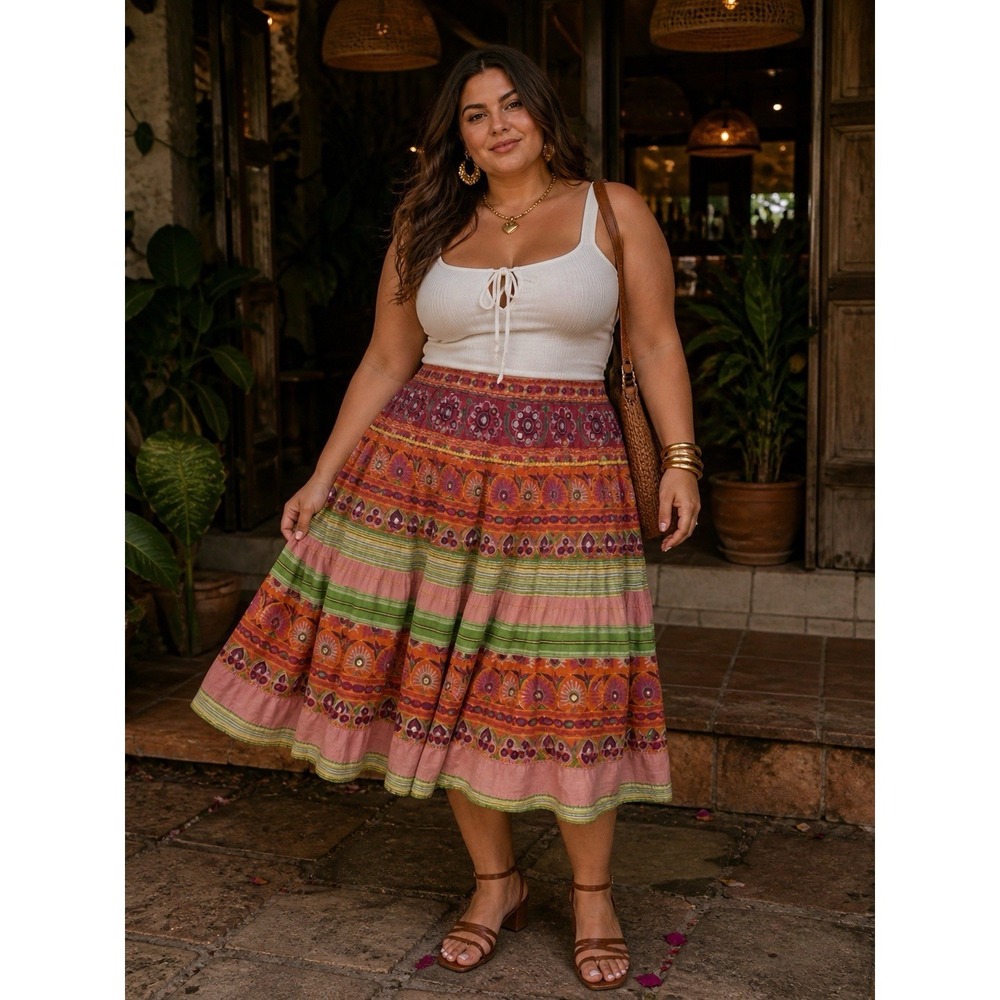 KAS‎ Designs Midi Skirt Womens Size 2X Broomstick Ethnic Boho Tiered Swirl READ